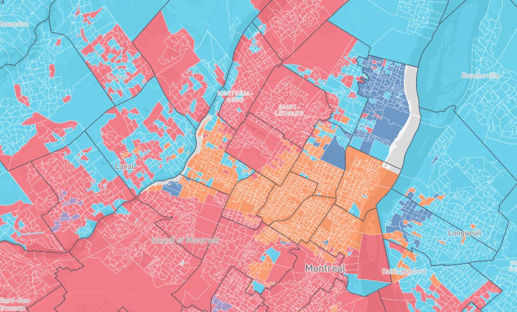 Carte des sections de vote de Montréal et Laval, colorées selon le parti gagnant en 2022